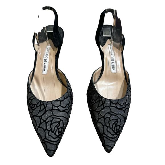 Manolo Blahnik Black Velvet Floral Slingback Heels Textured Fabric Pumps EU 37.5 - Picture 3 of 7